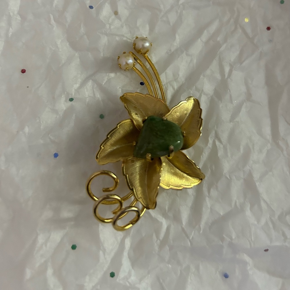 Vintage Real Jade Leaf Brooch